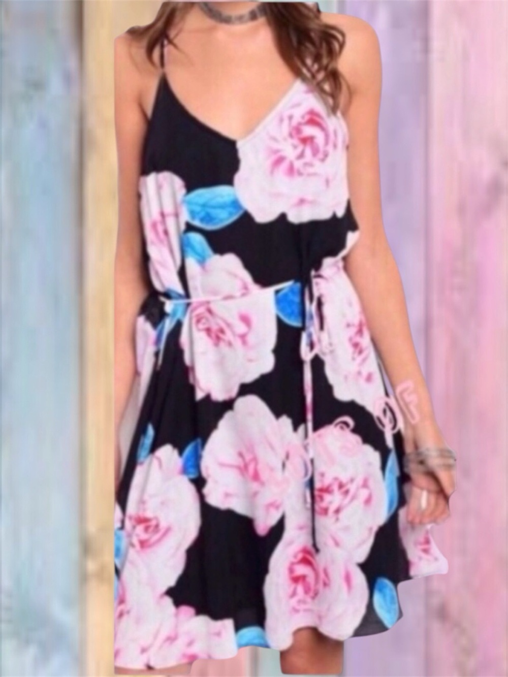 Peach Love Black Pink Floral V-neck Tie Waist Dress NWOT